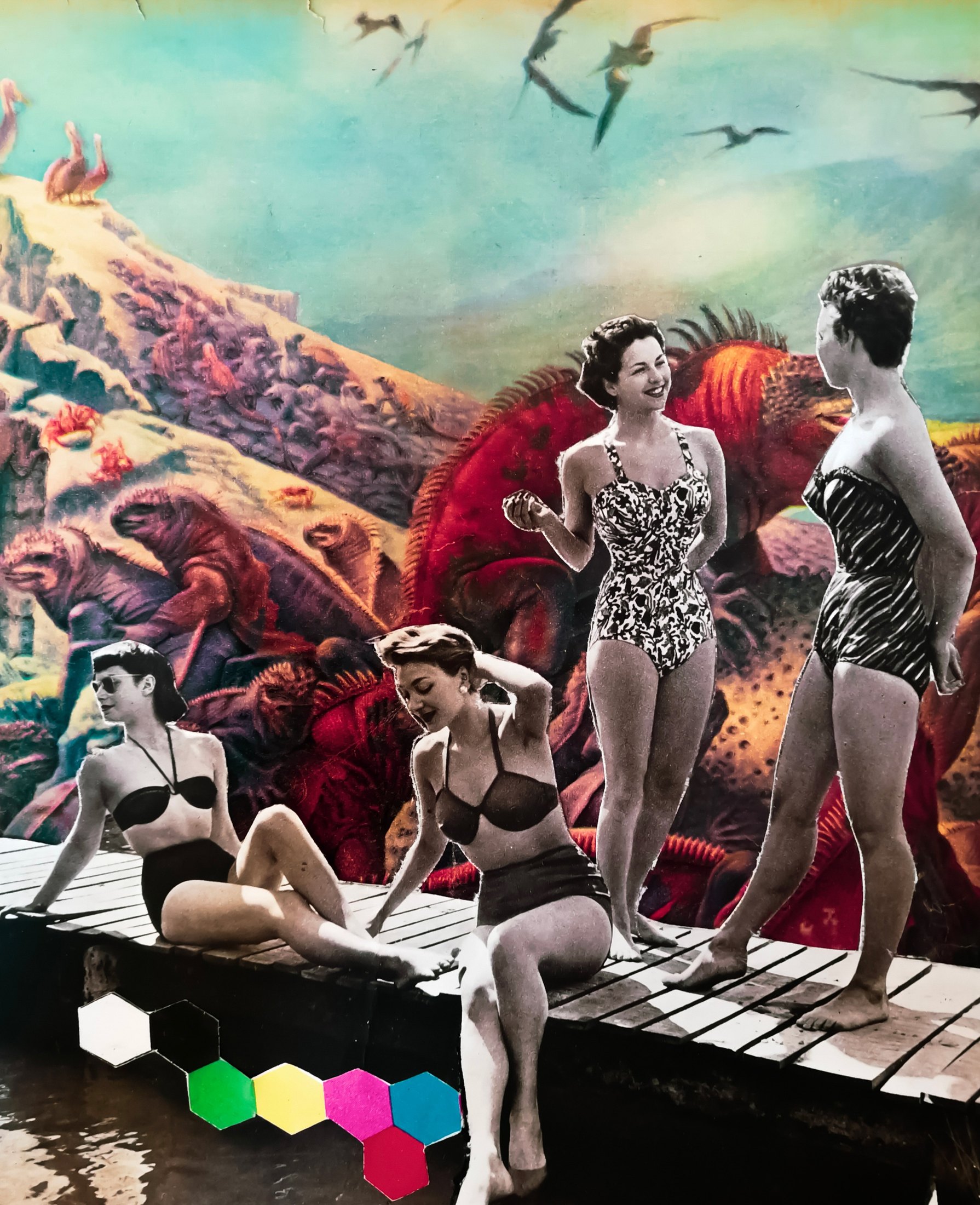 Bathers — Analog collage, vintage paper